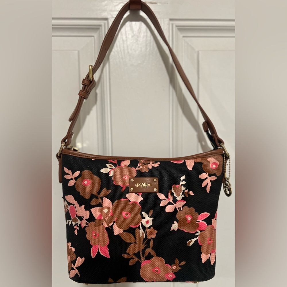 Spartina 449 Verter Sunset Purse Shoulder Bag Black Pink Floral Linen & Leather